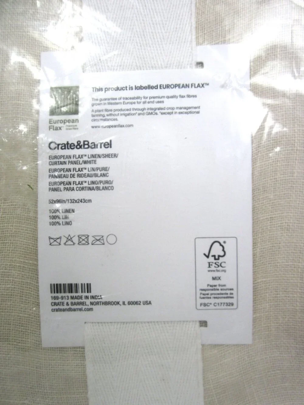 Crate and Barrel NEW 52x96European Flax Linen Sheer Curtain Panel White Natural